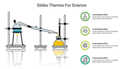 Science slide featuring glass lab apparatus and a vertical list of four green-outlined icons with sample text descriptions.