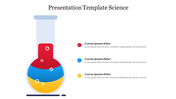 Science themed PowerPoint slide with a beaker containing red, blue, and yellow liquids with placeholder text.