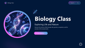 Modern biology presentation template featuring DNA, cells, genetics, photosynthesis, and classroom science concepts.