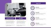 Professional layout featuring a grayscale office scene, bullet point comparison, and a timeline with bold icons.