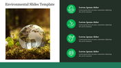 Environmental slide with a photo of a glass Earth globe on moss and four green icons with text on a dark green background.