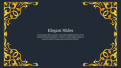 Elegant slide with dark navy background and ornate gold floral corner borders framing a centered title and text.