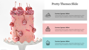 Pretty-themed slide design with a decorated cherry cake on a stand and text sections in gray, pink, and blue.