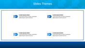 Slide design featuring four sections with numbered icons and placeholder text for each theme on a white and blue backdrop.