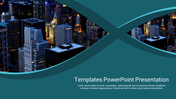 Nighttime cityscape visible through cutouts in a dark teal background, with presentation title and placeholder text below.