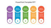 Template with five colorful steps in purple, blue, green, yellow, and orange, each with icons and space for text.