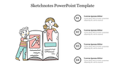 Creative sketchnotes slide featuring a child drawing in a book and a list of four points on the right.