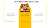 Colorful school featuring a cheerful red haired girl, open book graphic, and six sections in a symmetrical format.