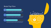 A PowerPoint slide featuring a top view of a brain with gears inside and three sections for key points on a blue backdrop.