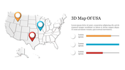 3D map of the USA with three location markers in orange, blue, and red, accompanied by three horizontal bar charts.