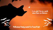 Dark Halloween scene with a black cat against an orange sky, decorative bats, and themed quote box on the right.