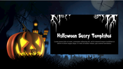 Halloween scene with a glowing pumpkin and a haunted house in the background, with ghostly fog and icy decorations.