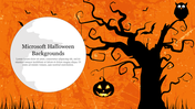 A spooky black tree with an owl and a pumpkin lantern, set against an orange background with a white circular text area.