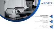 About slide with photo of people working on laptops, curved blue overlay, and three caption boxes with icons on the right.