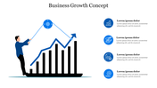 Business growth slide with man pulling a rising arrow on a bar chart, and four blue circular icons with caption on the right.