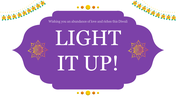 Diwali themed PowerPoint slide with a purple background and floral accents, featuring the message on a white theme.