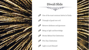 Festive Diwali slide featuring a golden firework background and bullet points describing the significance and stories.