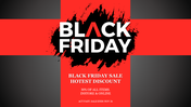 Black Friday sale slide with bold red and black design, offering off on all items, available in store and online.