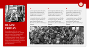 Black Friday newsletter slide with bold text, featuring an image of crowds shopping, and sections for text captions.