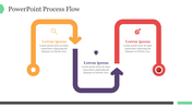 Curved arrow process flow with orange, purple, and red arrows, each containing icons and placeholder text in a layout.