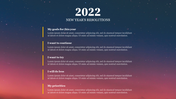 New Year resolutions list for 2022 with five goal categories against a gradient sky background with stars.