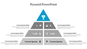 Business pyramid chart with four stacked horizontal layers, each divided into blocks with icons, text, and figures.