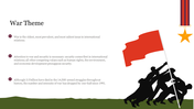 Slide on war and security, featuring a red flag and silhouettes of soldiers raising it, with key facts and its effects.