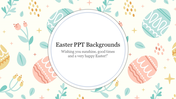 Colorful easter themed slide background featuring decorated eggs, flowers, and a cheerful greeting.