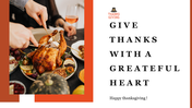 Holiday presentation slide showing a hands on carving of a turkey with a message of gratitude and festive details.