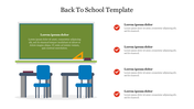 Illustration of a classroom with a chalkboard and desk chairs, with four checkmark icons aligned vertically on the right.