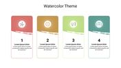 Watercolor-themed slide design featuring four cards with rounded edges, each with a unique color, icons in the center.