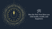 New Year themed slide with a clock illustration, yellow sparkles, and a celebratory message on a dark background.