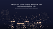 Festive winter landscape with houses, snow, and fireworks, accompanied by a New Year’s message in elegant font.