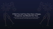 Celebration-themed slide with fireworks and clinking champagne glasses, offering a New Year wish and an caption area.