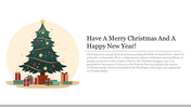 Holiday slide with a Christmas tree adorned with stars and apples, surrounded by presents, and a message on the right side.