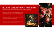 Holiday themed slide with red background, showcasing a decorated Christmas tree with a red bow and ornament.