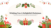 Festive Christmas slide with greenery, gifts, and candles surrounding a central message area with holiday decor accents.