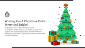 Decorated Christmas tree with ornaments and gift boxes, and festive greeting text on the left over a white background.