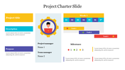 Central gear icon with an avatar, flanked by colored boxes in yellow, teal, and blue, and a timeline with colored task bars.