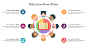 Education themed infographic showing students sitting in a circle around an open book, with six text and icon sections.