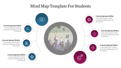 Mind map template for students with a central image of graduates, surrounded by blue and red circular icons.