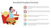 A cheerful character enjoying fast food, surrounded by a burger, fries, and a drink, with descriptive text.