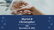Winter wedding invitation with snowflake designs, showcasing a couple’s hands and a blue section for names and date details.
