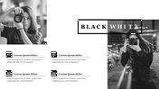 Black and white themed slide with monochrome images of a woman holding a camera, and four text boxes below.