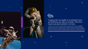 Dark blue starry backdrop showcasing two astronaut visuals alongside a textual description with an icon.