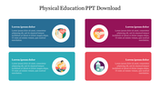 Physical education-themed slide with four icons representing aspects of fitness each in a color box with caption areas.
