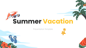 Summer vacation PowerPoint slide featuring a beach with palm trees and a beach chair in the foreground.
