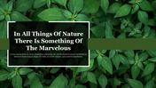 Nature themed template with lush green leaves on the backdrop and an overlaid text box with  white border.