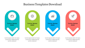Modern layout with four business themed icons inside rounded markers, each containing title and body placeholder text.