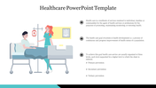 Healthcare PPT template featuring a nurse assisting a patient in a hospital bed with icons and text on health services.